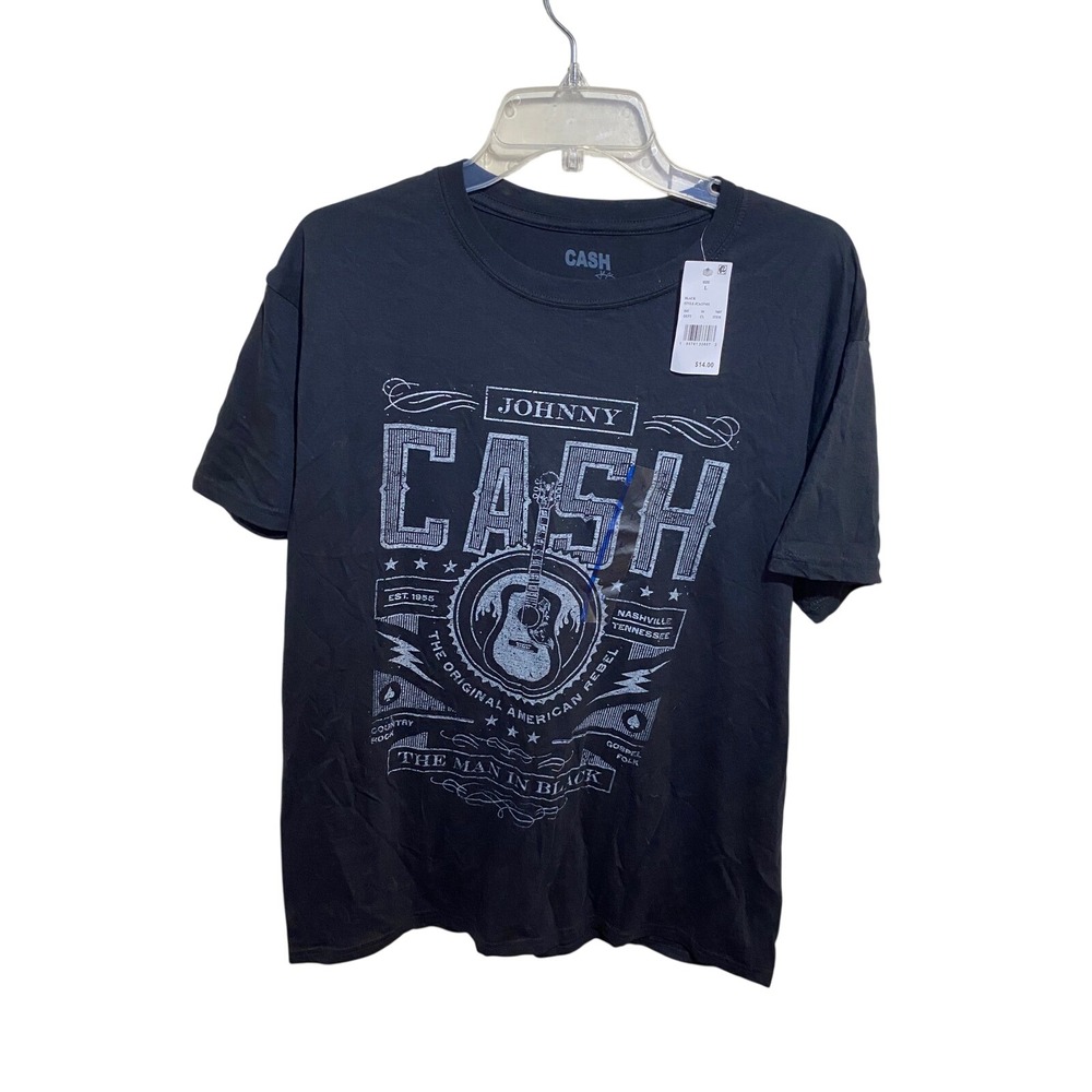 Johnny Cash Mens Graphic T-Shirt Black The Man In Black Rebel Tee Large